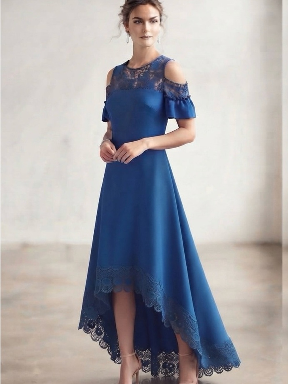 Royal Blue Cold-Shoulder Lace Trim Hi-Low Dress